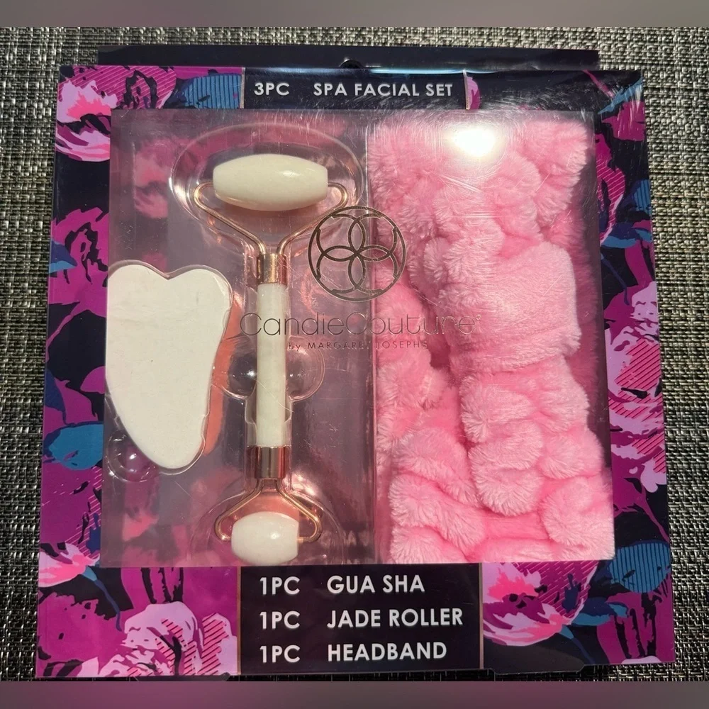 NIB Candie Couture Jade Roller Guasha Stone Headband Set 3 Piece Pink Set